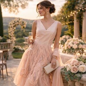 J. Peterman 100% Silk Blush Midi Dress 4 Romantic Wedding Guest Fairy Balletcore